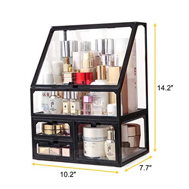 MOOCHI 블랙 빈티지 유리 화장품 메이크업 주최자 3 서랍 세트 먼지 방수 화장품 보관 디스플레이 케이스 수조 브러쉬 립스틱 쥬얼리