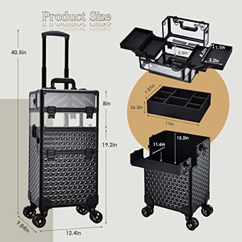 전문 3 in 1 롤링 메이크업 케이스 바퀴 달린 화장품 기차 케이스 대용량 메이크업 트롤리 살롱 이발사 미용 학교용 여행 트렁크 네일 테크 헤어스타일 메이크업 롤링 케이스, 블랙 아크릴