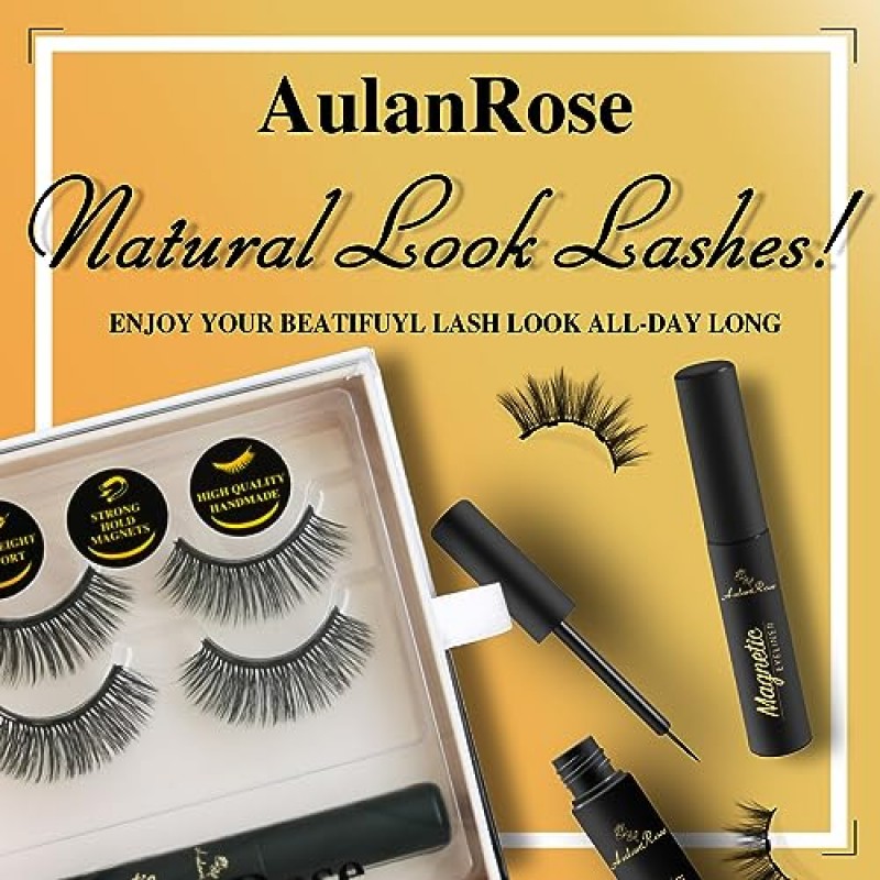 AulanRose 자기 속눈썹 자연스러운 모습, 우아한 희미한 고양이 눈 매력, 60회 착용을 위한 재사용 가능한 자기 속눈썹, 인조 밍크 럭셔리, 동물 실험을 하지 않은 완전 채식