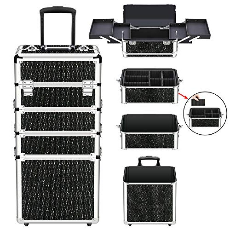 OUDMAY 메이크업 케이스 - 알루미늄 프레임과 접이식 트레이가 포함된 4 in 1 전문 화장품 롤링 트레인 주최자 블랙 다이아몬드