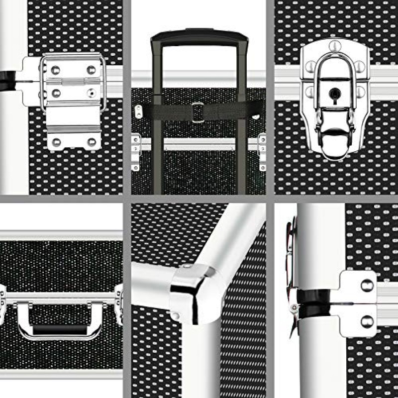 OUDMAY 메이크업 케이스 - 알루미늄 프레임과 접이식 트레이가 포함된 4 in 1 전문 화장품 롤링 트레인 주최자 블랙 다이아몬드
