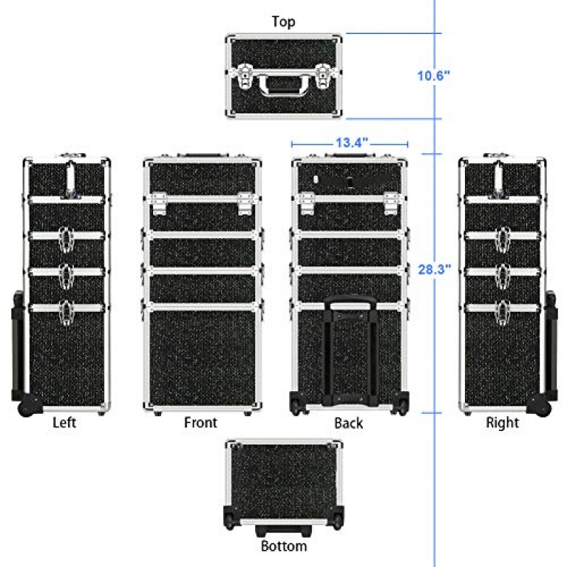 OUDMAY 메이크업 케이스 - 알루미늄 프레임과 접이식 트레이가 포함된 4 in 1 전문 화장품 롤링 트레인 주최자 블랙 다이아몬드
