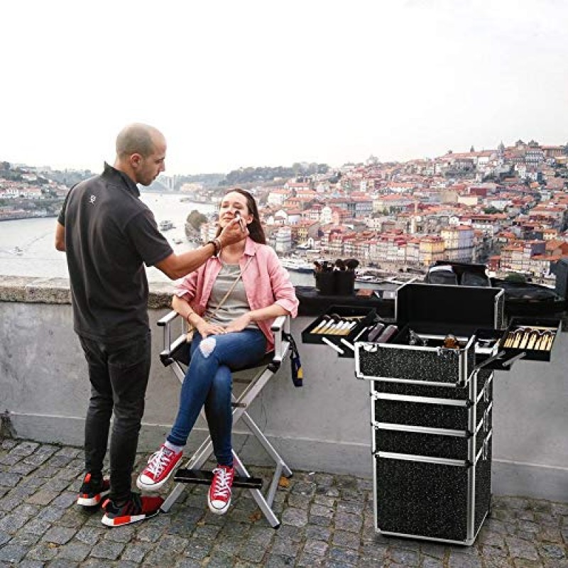 OUDMAY 메이크업 케이스 - 알루미늄 프레임과 접이식 트레이가 포함된 4 in 1 전문 화장품 롤링 트레인 주최자 블랙 다이아몬드