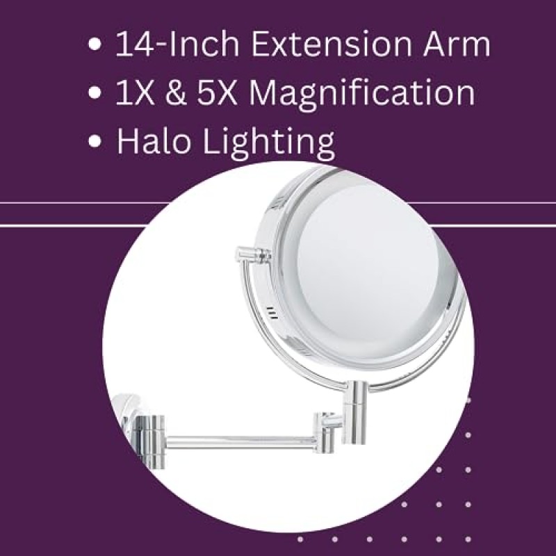 JERDON 후광 조명이 있는 양면 벽걸이 화장 거울 - 5X 배율 및 벽걸이 암이 있는 조명 화장 거울 - 크롬 마감 벽걸이가 있는 원형 거울 - 모델 HL65C