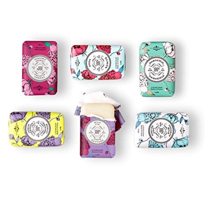라 샤틀렌 럭셔리 비누 컬렉션 | 오프라가 가장 좋아하는 것 | 시어 버터 바 비누 | 프랑스산 | 자연 | 6개 세트, 7온스(치자나무, 코코넛 밀크, 레몬 버베나, 체리 아몬드, 시어, 야생 무화과)