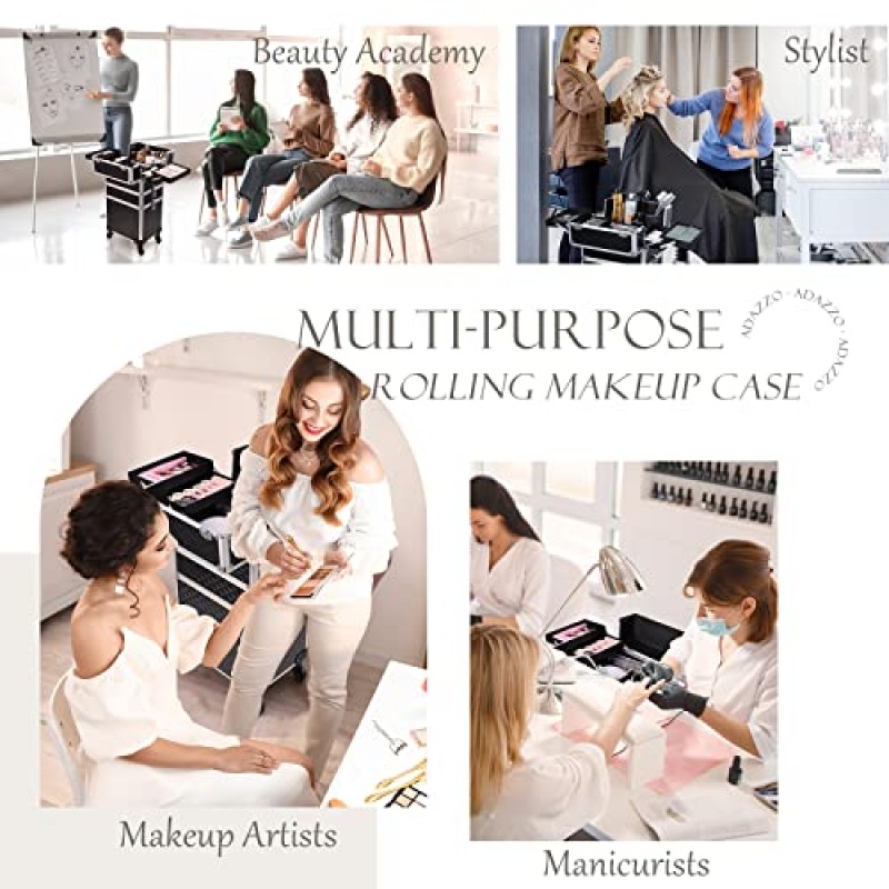 Adazzo 3 in 1 전문 롤링 메이크업 트레인 케이스 Makuep 아티스트를 위한 360° 회전 바퀴가 있는 알루미늄 트롤리 케이스 자물쇠 및 열쇠 다이아몬드 패턴이 있는 화장품 가방 정리함 - 블랙