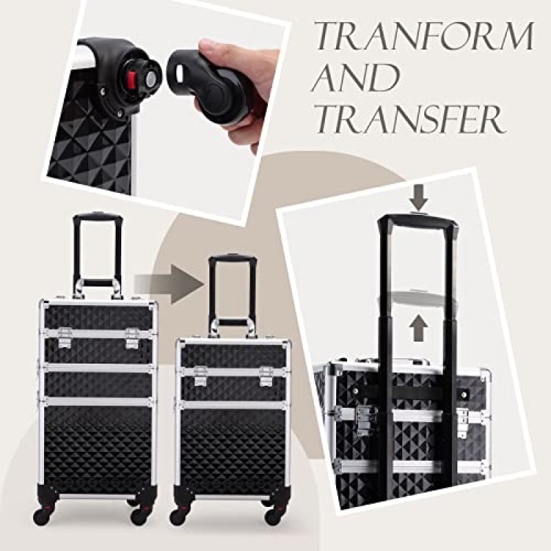 Adazzo 3 in 1 전문 롤링 메이크업 트레인 케이스 Makuep 아티스트를 위한 360° 회전 바퀴가 있는 알루미늄 트롤리 케이스 자물쇠 및 열쇠 다이아몬드 패턴이 있는 화장품 가방 정리함 - 블랙