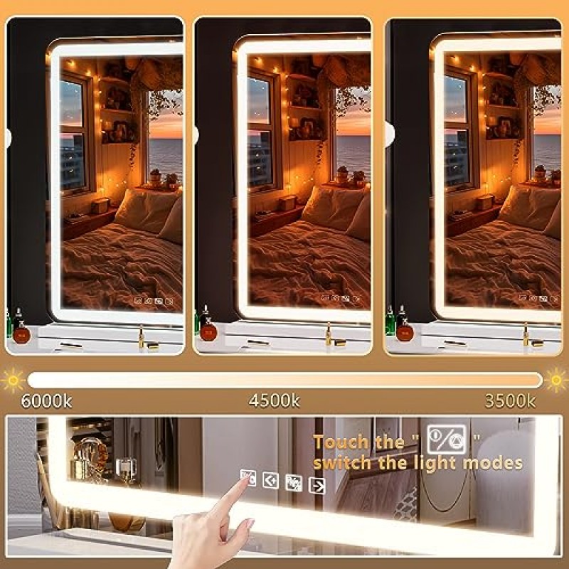 조명 및 블루투스 스피커가 포함된 Hasipu 화장 거울, 32인치 x 22인치 LED 화장 거울, 밝기 조절이 가능한 3가지 모드를 갖춘 조명 화장 거울, USB 충전 포트, 원형 흰색