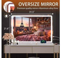 조명 및 블루투스 스피커가 포함된 Hasipu 화장 거울, 32인치 x 22인치 LED 화장 거울, 밝기 조절이 가능한 3가지 모드를 갖춘 조명 화장 거울, USB 충전 포트, 원형 흰색