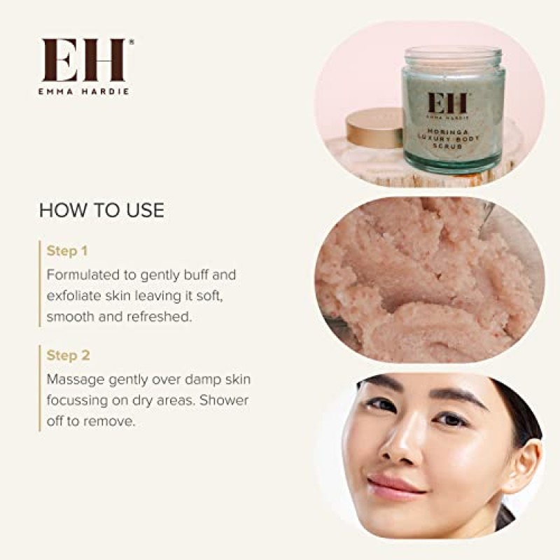Emma Hardie 모링가 럭셔리 바디 스크럽 - 모링가 오일, 마그네슘, 스위트 아몬드 오일 및 히말라야 핑크 솔트가 함유된 엑스폴리에이팅 바디 스크럽, 바디 엑스폴리에이터