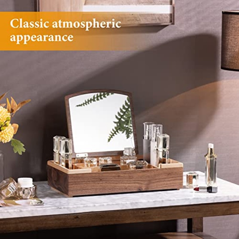 DS DeSean 목재 메이크업 보관함, 조리대용 거울이 있는 화장품 메이크업 보관함, 스킨케어 향수 뷰티용 화장대 디스플레이 케이스, 서랍 트레이 1개, 목재