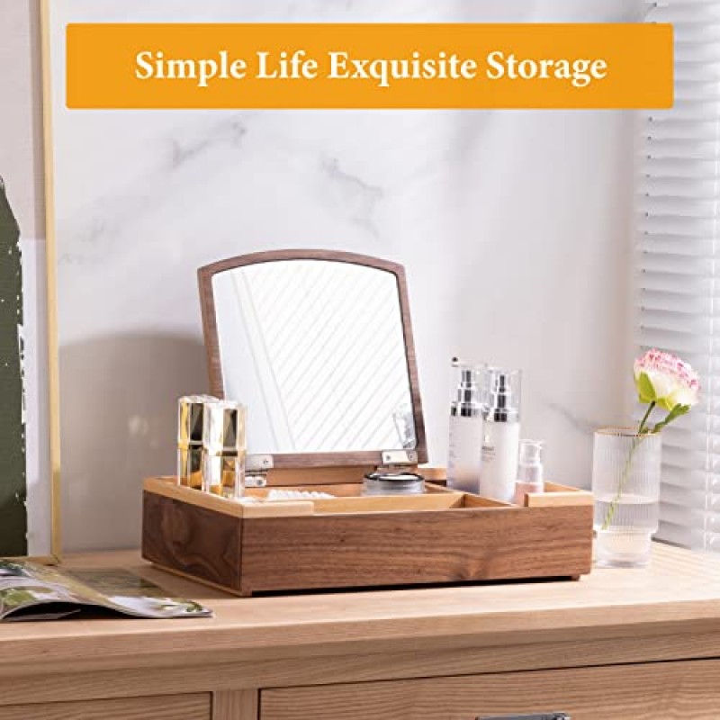 DS DeSean 목재 메이크업 보관함, 조리대용 거울이 있는 화장품 메이크업 보관함, 스킨케어 향수 뷰티용 화장대 디스플레이 케이스, 서랍 트레이 1개, 목재