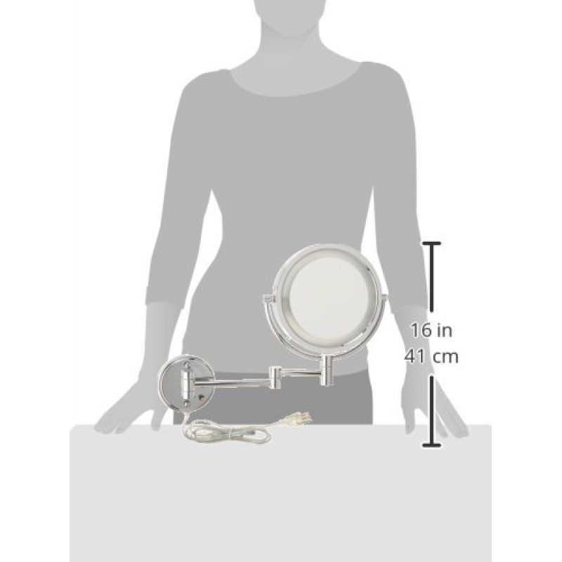 JERDON 조명이 있는 양면 벽걸이 화장 거울 - 8X 배율의 조명이 있는 화장 거울 및 벽걸이 암 - 크롬 마감 벽걸이가 있는 8.5인치 직경 거울 - 모델 HL75C