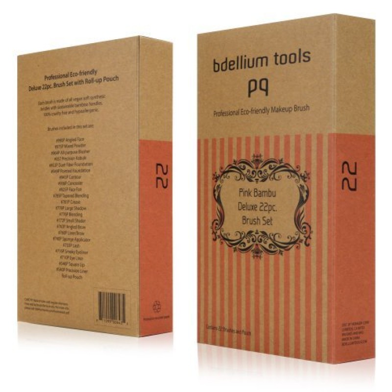 Bdellium Tools 전문 메이크업 브러쉬 핑크 Bambu 시리즈 - 디럭스 22개 롤업 파우치가 포함된 브러쉬 세트