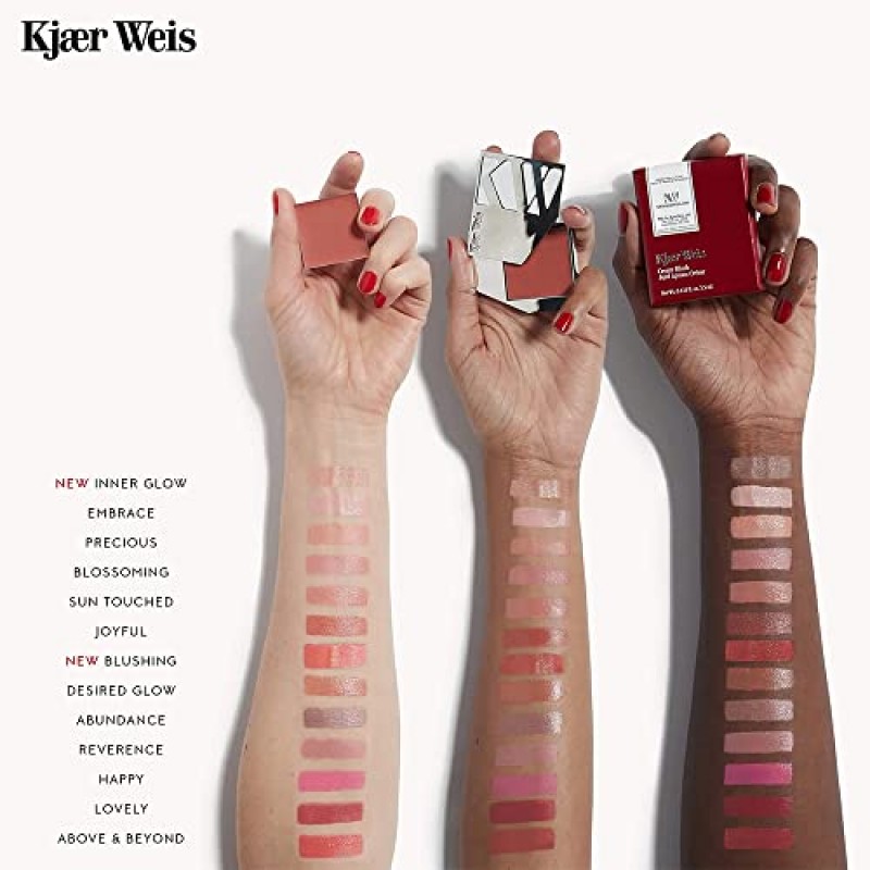 Kjaer Weis 크림 블러셔. 수상 경력에 빛나는 듀이 블러쉬 메이크업. 치크, 아이, 립에 블렌딩 가능한 크림 블러셔. 오랫동안 지속되는 크림 블러셔 메이크업. 유기농 인증, 동물 실험을 하지 않은 클린 메이크업(풍요)