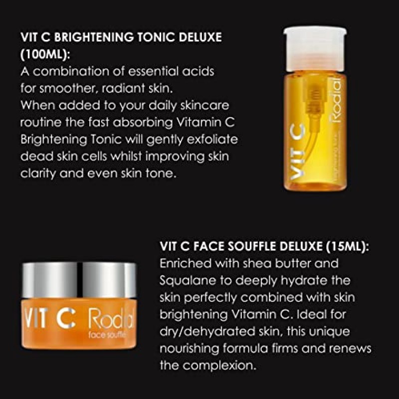 Rodial Vit C Little Luxuries 기프트 세트: 에너자이징 시트 마스크 - 브라이트닝 클렌저(20ml) - 브라이트닝 토닉 디럭스(100ml) - 페이스 수플레 디럭스(15ml), 빛나는 피부를 위한 뷰티 세트