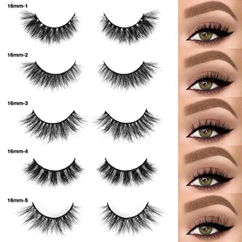 SY LASHES 16mm 밍크 속눈썹 도매 20 쌍 5 스타일 3D 리얼 밍크 속눈썹 자연 룩 푹신한 가짜 속눈썹 대량 럭셔리 볼륨 스트립 눈 속눈썹 팩 (20 쌍)