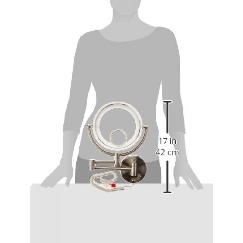 Jerdon 조명이 있는 양면 벽걸이형 화장 거울 - 1X, 7X, 15X 배율의 조명이 있는 화장 거울 및 벽걸이 암 - 니켈 마감 벽걸이가 있는 8.5인치 직경 거울 - 모델 HL8515N