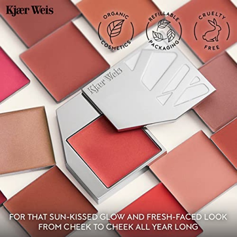 Kjaer Weis 크림 블러셔. 수상 경력에 빛나는 듀이 블러쉬 메이크업. 치크, 아이, 립에 블렌딩 가능한 크림 블러셔. 오랫동안 지속되는 크림 블러셔 메이크업. 유기농 인증, 동물 실험을 하지 않은 깨끗한 메이크업(그 이상)