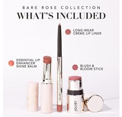 Jouer Bare Rose 컬렉션 - 블러시 스틱, 크림 립 라이너, 립 플럼핑 밤 키트 - 로즈 색조의 페이스 메이크업 - 오랫동안 지속되는 수분 공급 포뮬러