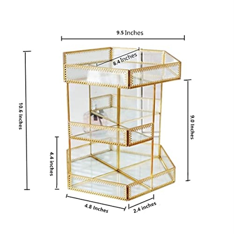 Yamfurvo 360도 회전 메이크업 주최자 골동품 수조 화장품 보관 케이스, 유리 뷰티 ​​디스플레이, 스킨케어 토너 메이크업을 위한 골드 스핀 대용량 홀더