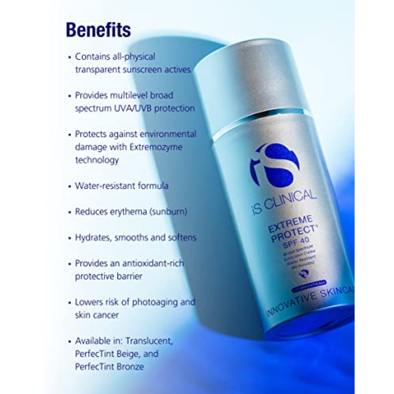 iS CLINICAL Extreme Protect SPF 40, 틴티드 선스크린; SPF가 함유된 데일리 페이스 모이스처라이저; 하이드레이팅 트리트먼트 선스크린