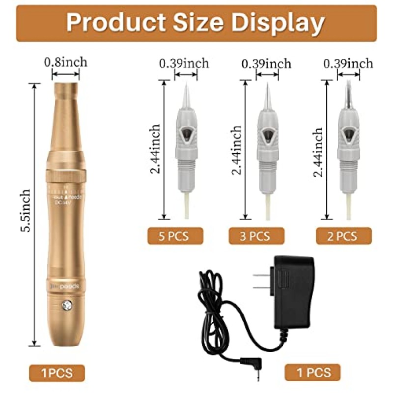 무단계 속도 조절 디자인을 갖춘 Whalrace PMU 기계, 10개 문신 카트리지 바늘이 있는 영구 화장 기계, 눈썹, 아이라이너, 입술 색조용 문신 기계 키트 - 골드