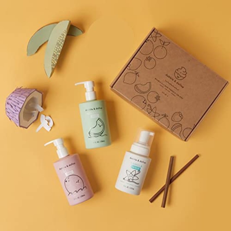 Dabble & Dollop Beachy Bundle, 천연 거품 목욕, 바디 워시, 어린이용 샴푸, 미국산, 파라벤 및 황산염 무함유, 비건, 글루텐 무첨가, 눈물 무함유, 허니듀 멜론, 바닐라 및 코코넛(3개 세트)