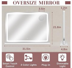 조명이 있는 ROLOVE 화장 거울, 32인치 x 22인치 밝기 조절이 가능한 3가지 모드를 갖춘 대형 조명 화장 거울, 분리 가능한 10X 배율의 LED 화장 거울, 터치 스크린 제어, 메이크업 데스크, 드레스룸용
