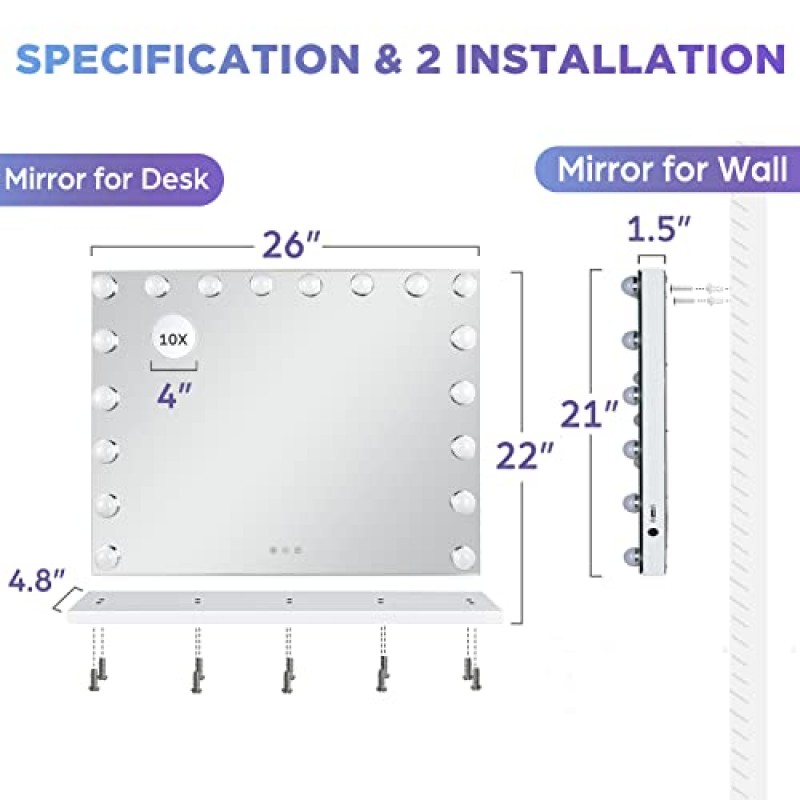 M MIVONDA 헐리우드 화장 거울(18개 전구 포함), 책상 및 벽용 대형 조명 화장 거울, 밝기 조절이 가능한 3가지 조명 모드, 플러그인 및 USB 충전기 포트, 흰색(26