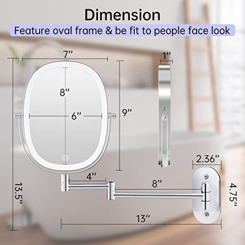 FUNTOUCH 충전식 조명 벽 장착형 화장 거울, 양면 1X/7X 확대 거울, 3개의 조명 옵션 밝기 조절 가능, 확장 접이식 암, 욕실용 타원형 프레임 벽 장착 거울