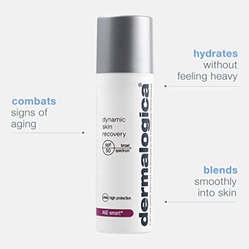 Dermalogica 다이나믹 스킨 리커버리 SPF50 - 노화 방지 페이스 선스크린 모이스처라이저, UVA 및 UVB 광선으로부터 보호하는 중간 무게의 끈적이지 않는 넓은 스펙트럼