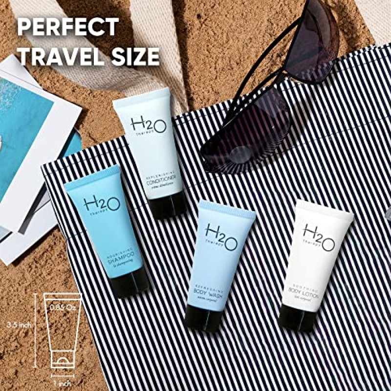 H2O 테라피 호텔 비누 및 세면도구 대량 세트 | 호텔 및 에어비앤비를 위한 1-Shoppe 올인키트 편의시설 | .85oz 호텔 샴푸 & 컨디셔너, 바디 워시 & 바디 로션 여행용 사이즈 | 80개