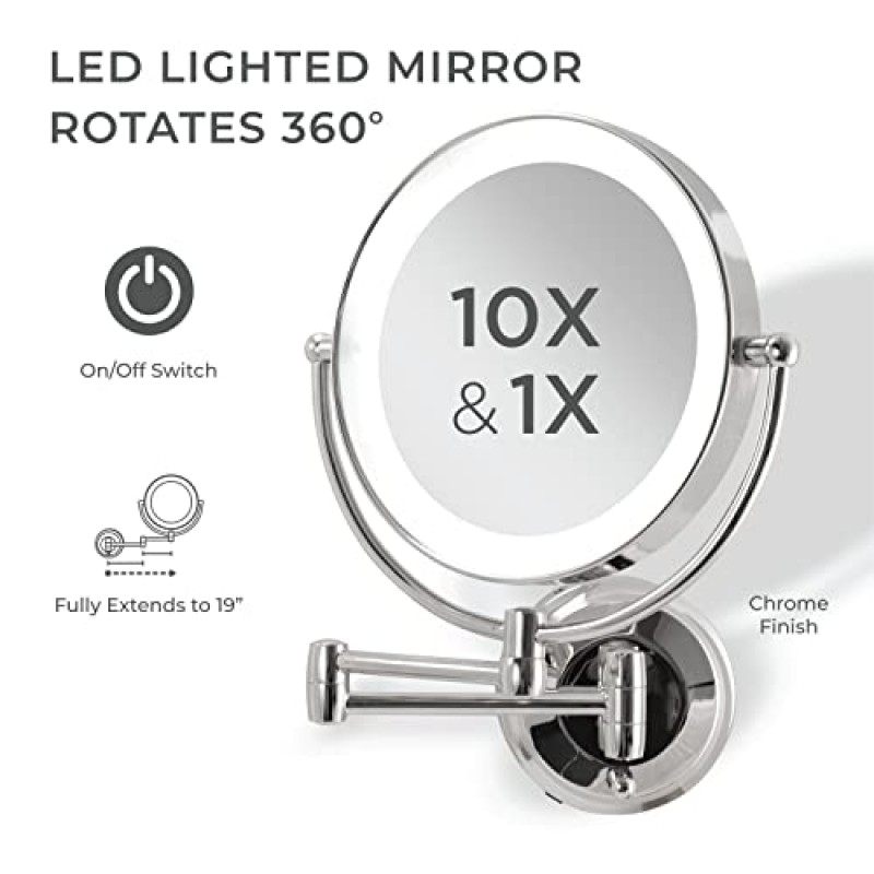 Zadro 11인치 LED 벽걸이 화장 거울 10X/1X 면도 거울 벽용 무선 또는 배터리 작동식 화장 거울(대형 | 10X/1X | 11인치 x 14.5인치, 크롬)