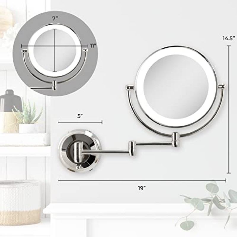 Zadro 11인치 LED 벽걸이 화장 거울 10X/1X 면도 거울 벽용 무선 또는 배터리 작동식 화장 거울(대형 | 10X/1X | 11인치 x 14.5인치, 크롬)