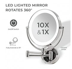 Zadro 11인치 LED 벽걸이 화장 거울 10X/1X 면도 거울 벽용 무선 또는 배터리 작동식 화장 거울(대형 | 10X/1X | 11인치 x 14.5인치, 크롬)
