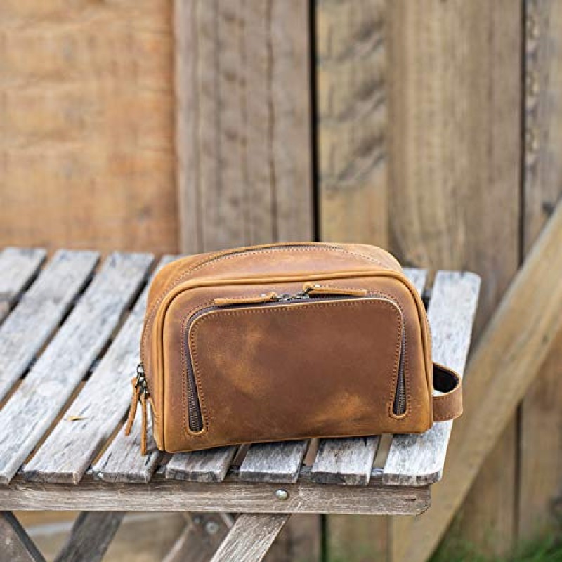 Polare 빈티지 풀 그레인 가죽 남성용 핸드메이드 여행 세면도구 가방 - Dopp 키트 - YKK 금속 지퍼가 달린 면도 키트