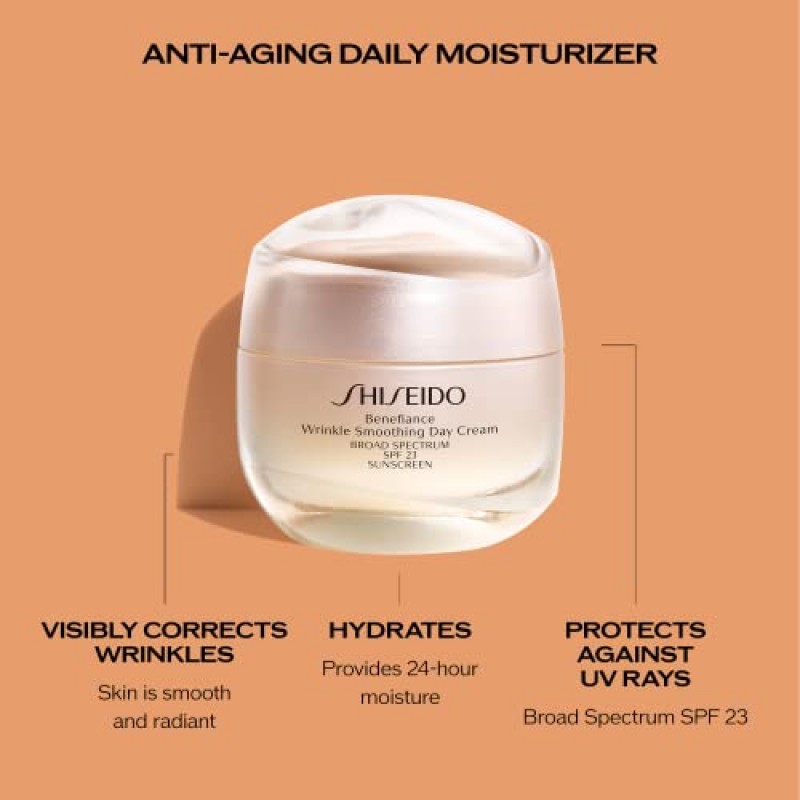 Shiseido 베네피앙스 링클 스무딩 데이 크림 - 50 mL - 광범위한 스펙트럼 SPF 23 안티에이징 모이스처라이저 - 눈에 띄게 주름을 교정하고 강렬한 수분 공급 - 비코메도제닉