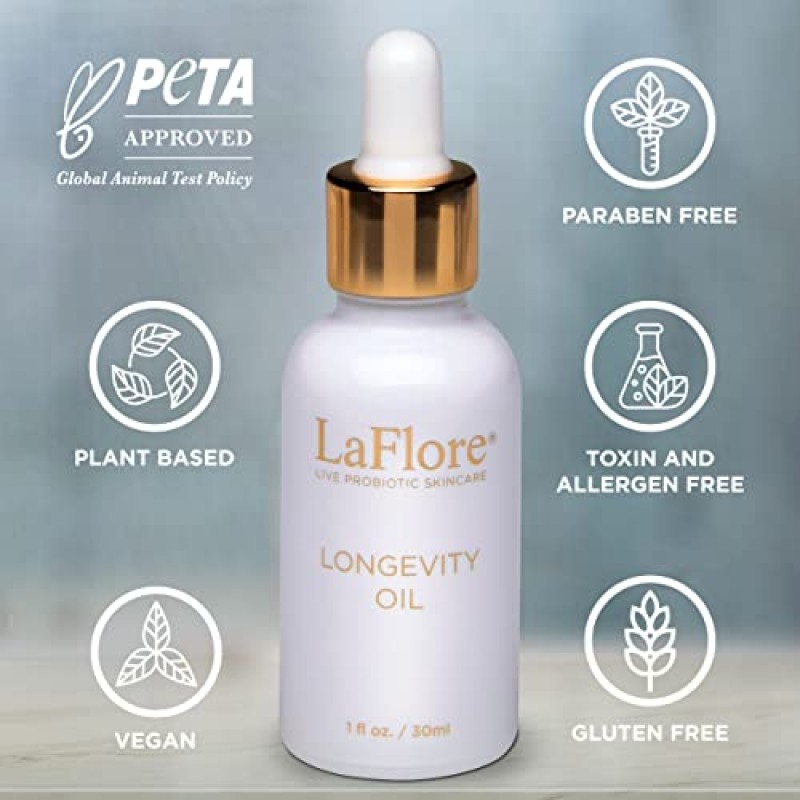 LaFlore Longevity Oil - 수분이 풍부한 페이셜 오일 - 피부에 영양을 공급하고 밝게 해주는 진정 식물성 블렌드 - 항산화제, 항염증제, 면역 강화 - 비건, 동물 실험을 하지 않은 모든 피부 타입용