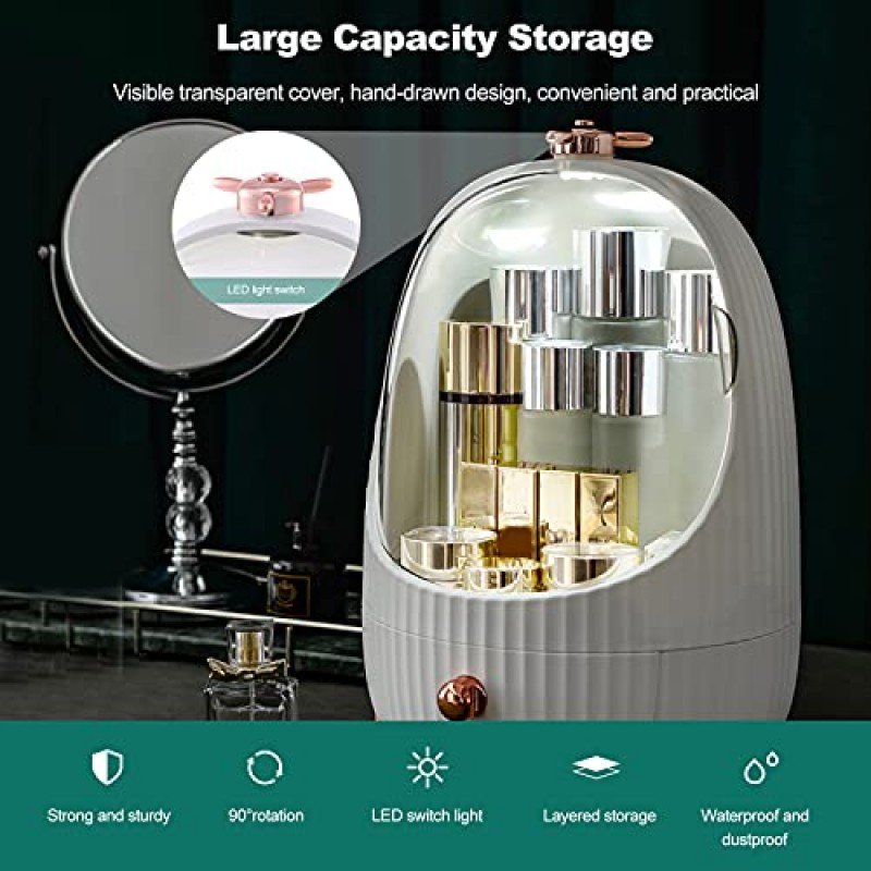 Ergocar 다기능 케이스 방진 화장품 보관 상자(LED 조명 포함), 화장품 스킨 케어 제품 보석 정리 케이스 마무리 상자 침실 데스크탑, 휴대용 스킨케어 정리함 -M-화이트