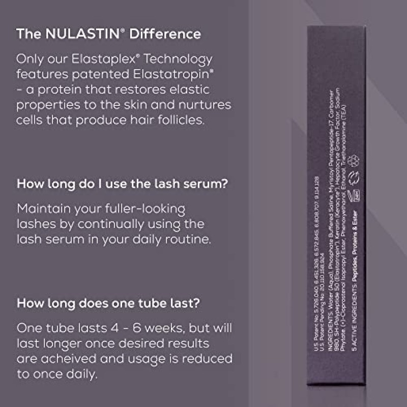 NULASTIN LASH 모낭 강화 세럼(Elastaplex 포함), 속눈썹 부스팅 트리트먼트로 길어 보이는 속눈썹, 비건 친화적이고 동물 실험을 하지 않음(3ml)