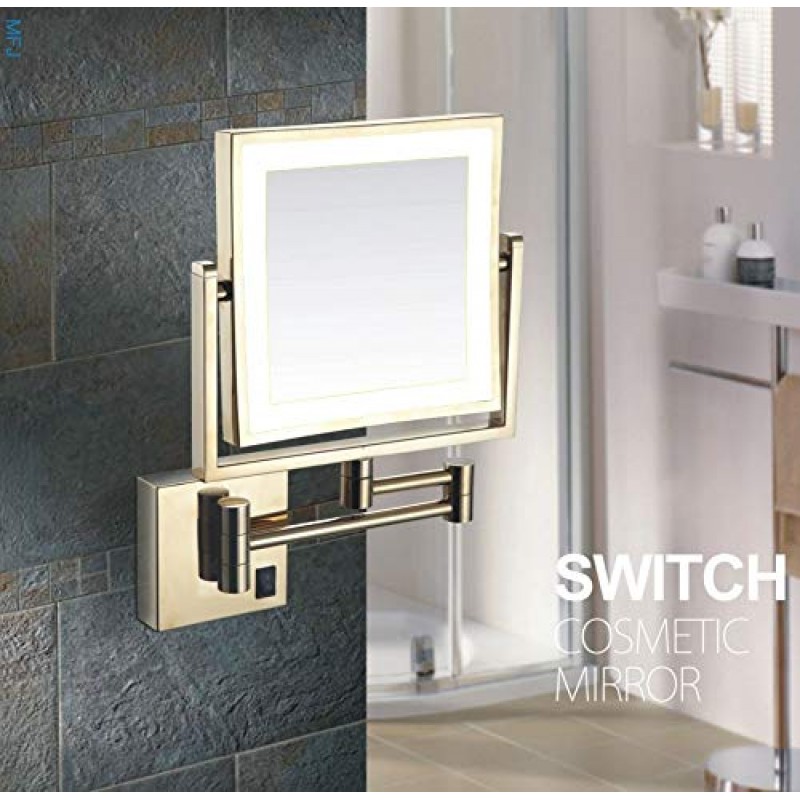정사각형 욕실 거울 면도 거울은 벽걸이 형 USB 충전식 LED 조명 거울을 구성합니다. 3X 확대 간단하고 고급스러운 호텔 세면대 2 회전 장식