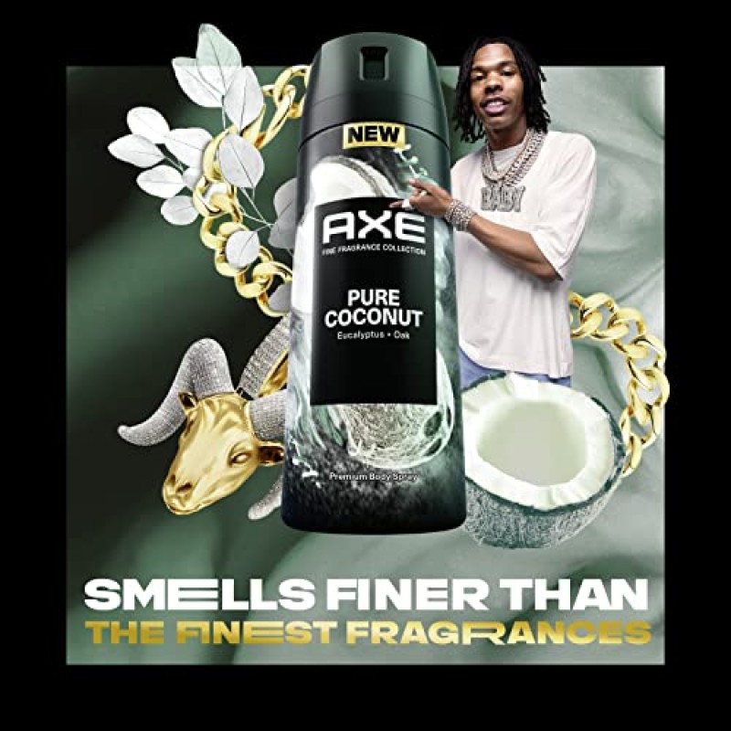 AX Fine Fragrance Collection 남성용 프리미엄 데오도란트 바디 스프레이 코코넛 유칼립투스 및 오크 에센셜 오일이 주입된 72시간 냄새 방지 및 신선함을 갖춘 순수 코코넛 3개 4온스