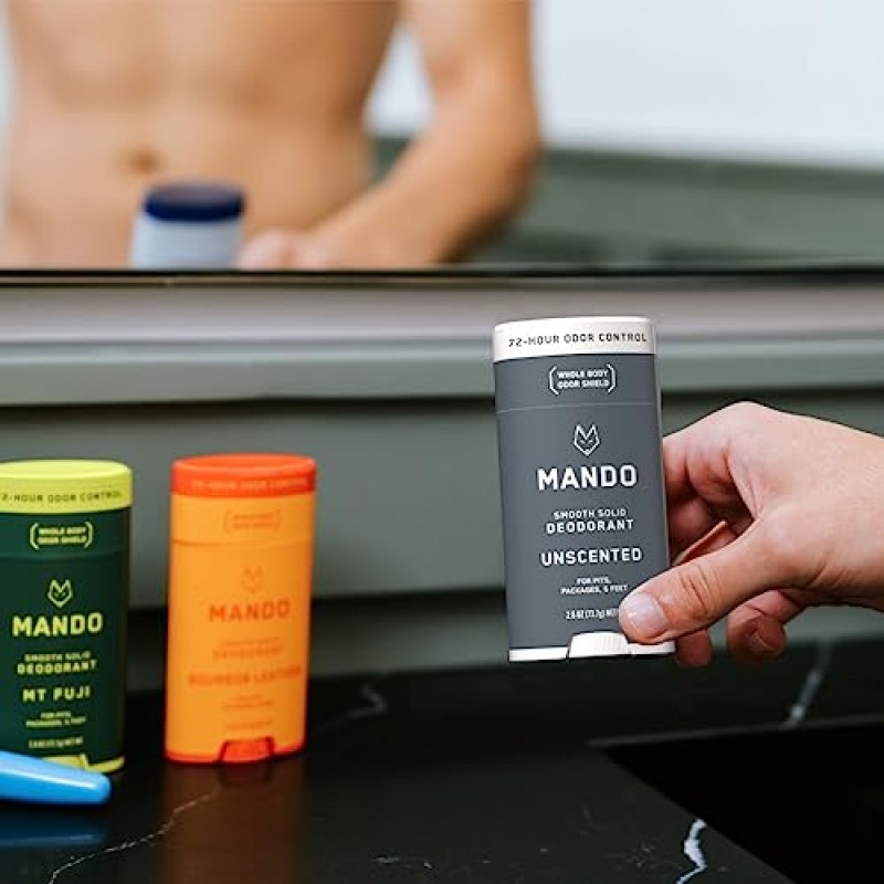 Mando 남성용 전신 데오도란트 - 부드럽고 단단한 스틱 - 72시간 냄새 제어 - 알루미늄 없음, 베이킹 소다 없음, 피부 안전 - 2.6온스(1팩) - 무향