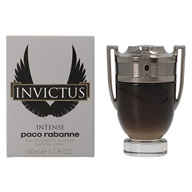 Paco Rabanne Invictus 남성용 인텐스 향수 - 매콤하고 우디하며 신선한 향 - 힘, 승리, 자부심을 상징 - 오렌지 블라썸과 앰버 향 - 야외 활동에 적합 - Edt 스프레이 - 1.7온스