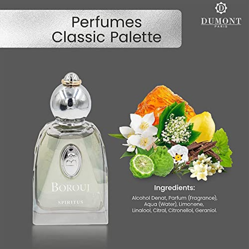 남성 및 여성을 위한 Dumont Cologne, 오래 지속되는 향수, 아로마틱 플로랄 포함, 앰버 바디 스프레이, 남성 및 여성을 위한 머스크 향수, 여성용 향수, 여행용 향수, BOROUJ SPIRITUS 85ml