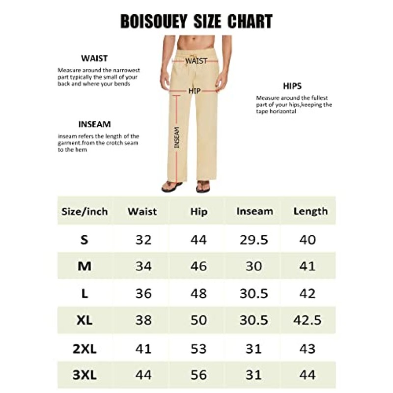 Boisouey 남성 리넨 루즈 팬츠 경량 신축성 있는 허리 바지 요가 비치 팬츠