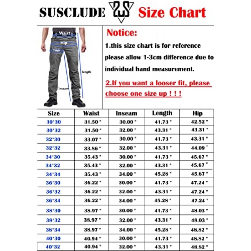 Susclude 남성용 야외화물 작업 바지 군사 전술 바지 Ripstop 폭행 전투 바지 하이킹 바지 남성용