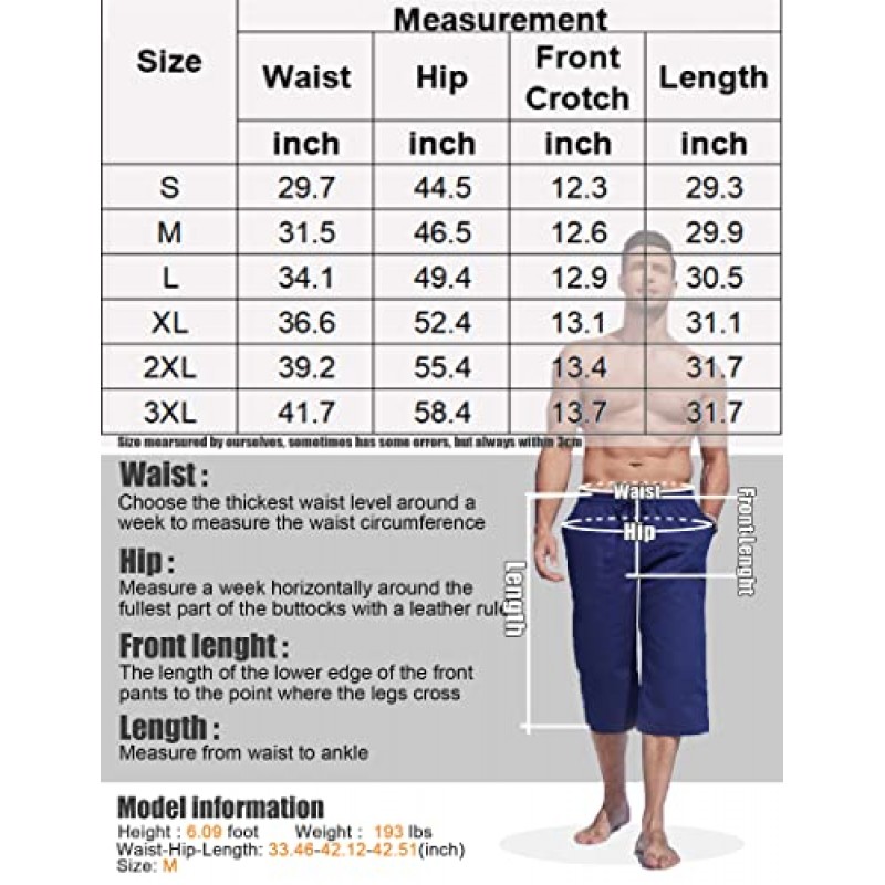 COOFANDY 남성용 리넨 카프리 바지 캐주얼 경량 3/4 헐렁한 바지 Drawstring 탄성 허리 비치 요가 바지 (포켓 포함)