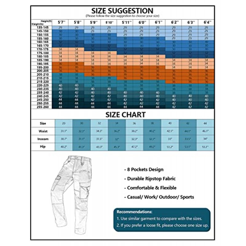 AKARMY 남성용 립스톱 전술 바지, 경량 EDC 하이킹 작업 바지 멀티 포켓이 있는 야외 카고 바지